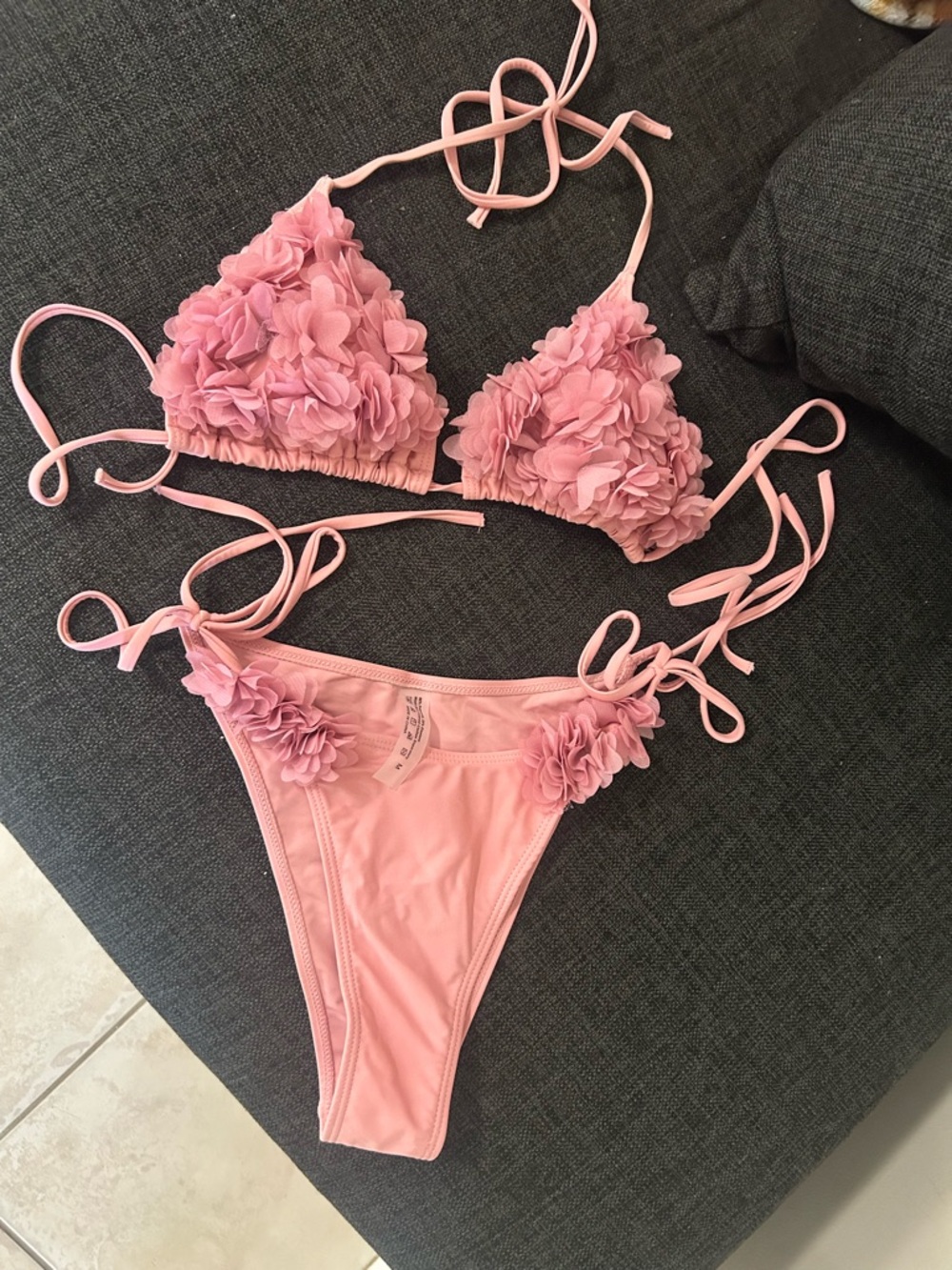 Women's Pink Floral Appliqué String Bikini